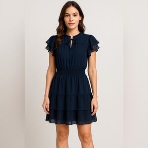 MSK Women’s Navy Blue Tiered Ruffle Flutter Sleeve Dress Size M